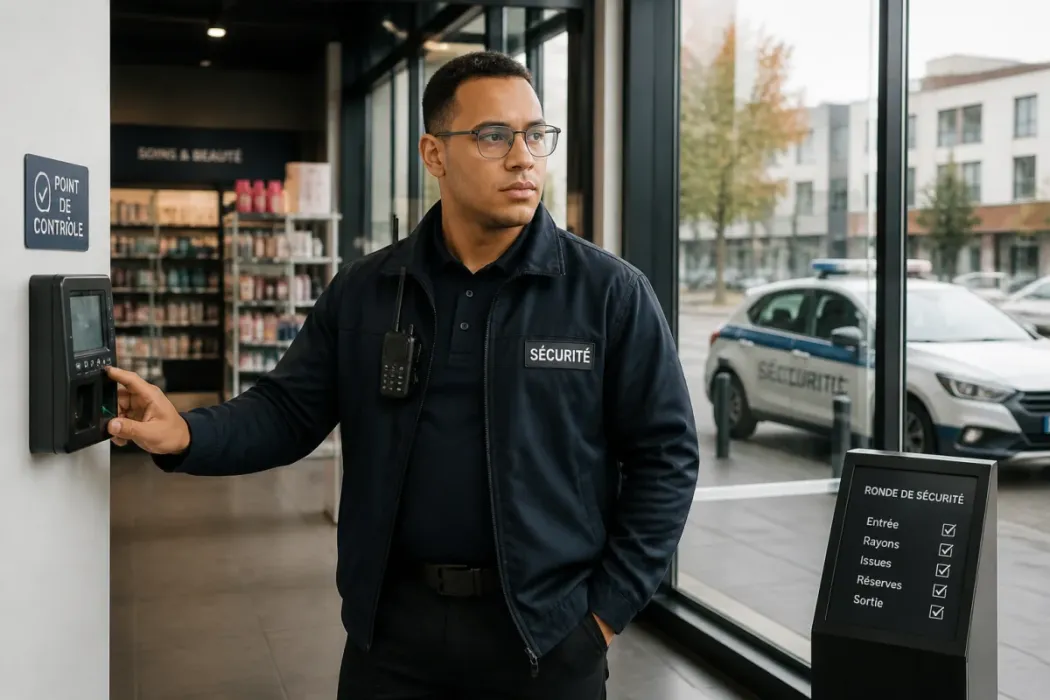 Agent de sécurité en ronde devant un magasin, vérifiant un point de contrôle près de l’entrée
