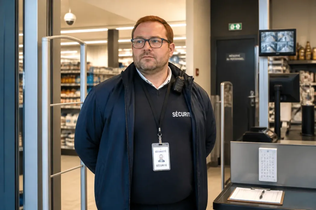 Agent de sécurité en magasin, surveillant l’entrée et les caisses dans un espace moderne et ordonné