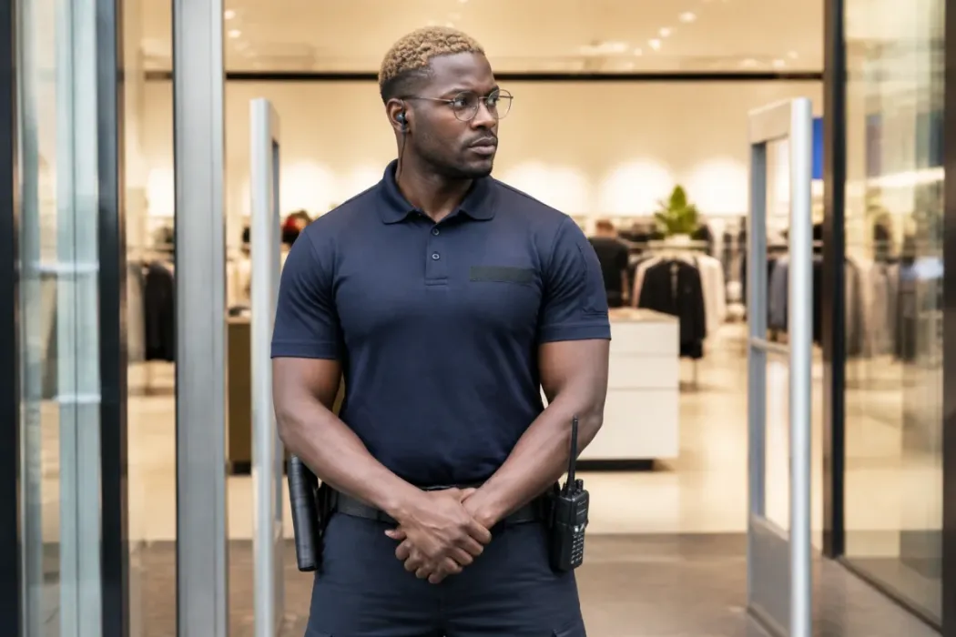 Agent de sécurité privée vigilant à l’entrée d’un commerce moderne, ambiance professionnelle, rassurante et préventive
