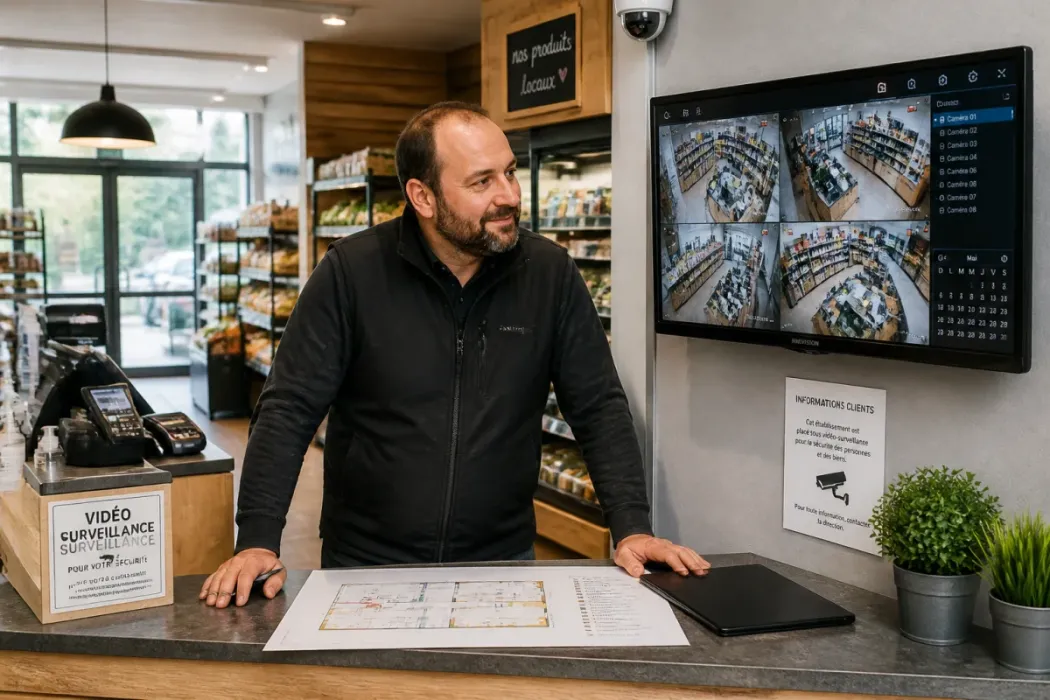 Responsable de commerce observant vidéosurveillance et plan d’agencement dans un magasin organisé et sécurisé