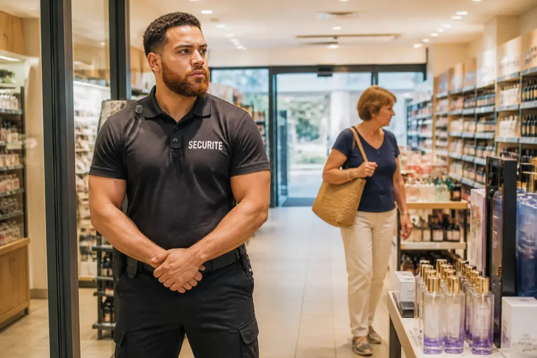 Agent de sécurité vigilant à l’entrée d’un magasin moderne, rayons visibles et cliente en arrière-plan