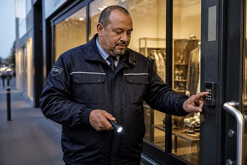 Agent de sécurité vérifiant l’alarme d’un commerce en fermeture, devant une entrée sécurisée en soirée